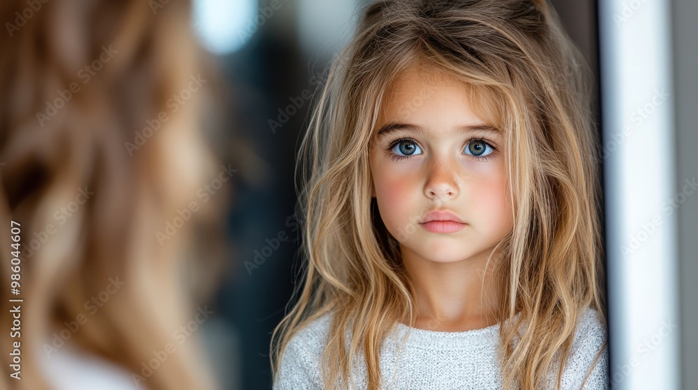 A serious young girl with tousled blonde hair stands looking at her reflection in the mirror. Her focused expression highlights her thoughtful nature and poise. A serious young girl with tousled blonde hair stands looking at her reflection in the mirror. Her focused expression highlights her thoughtful nature and poise.