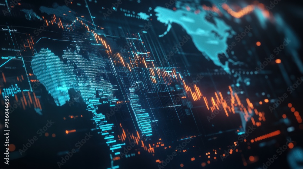 Fototapeta premium Digital representation of global data analytics with charts and maps.