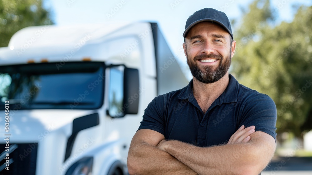 A smiling man stands confidently in front of a white truck, exuding happiness and confidence, representing the strength and steadfastness of the transportation industry. A smiling man stands confidently in front of a white truck, exuding happiness and confidence, representing the strength and steadfastness of the transportation industry.