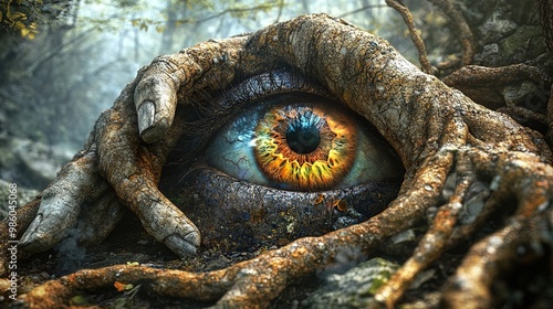 Unearthed Wonders: An Otherworldly Eye Unearthed by Ancient Hands in a Serene Forest - Perfect for Sports Interior Posters and Inspiring Art