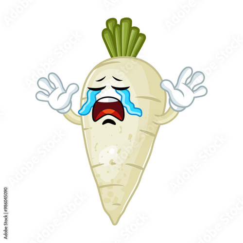 A cartoon daikon radish cries, expressing sadness and despair. 