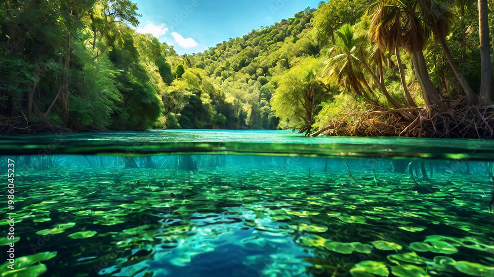 A serene scene with clear turquoise waters flowing through a forest of tall, palm-like trees. A serene scene with clear turquoise waters flowing through a forest of tall, palm-like trees.