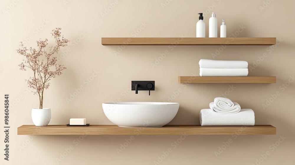 Beige bathroom with floating wood shelves and matte black hardware, minimalist bathroom aesthetic, warm simplicity Beige bathroom with floating wood shelves and matte black hardware, minimalist bathroom aesthetic, warm simplicity