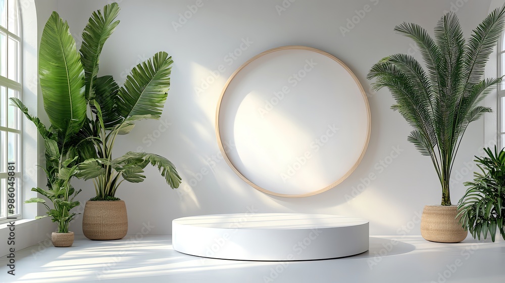 Stylish interior with modern decor, featuring greenery and a light-filled space, perfect for showcases or product displays. Stylish interior with modern decor, featuring greenery and a light-filled space, perfect for showcases or product displays.