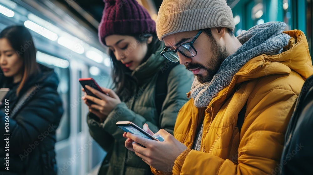 Fototapeta premium A group of people in a subway station engaged with their smartphones, highlighting urban life and the impact of technology on social interaction.