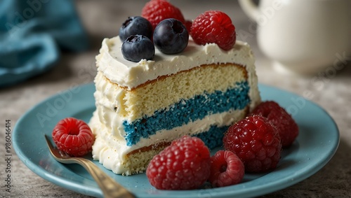 Slice of blue cake with white frosting and raspberries on a plate.