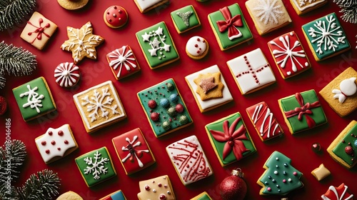 A festive arrangement of colorful Christmas cookies decorated with icing, perfect for holiday celebrations and festive gatherings.