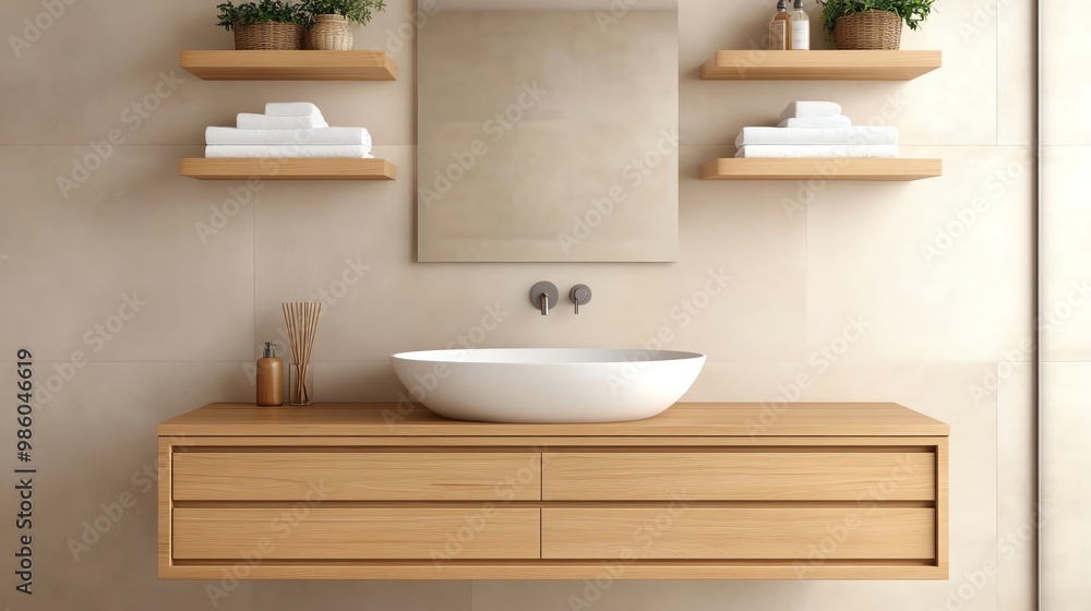 Beige minimalist bathroom with wooden shelves and floating vanity, minimalist bathroom aesthetic, modern warm tones Beige minimalist bathroom with wooden shelves and floating vanity, minimalist bathroom aesthetic, modern warm tones