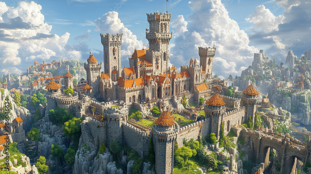 Fototapeta premium majestic medieval castle perched on rocky hill, surrounded by lush greenery and dramatic clouds. intricate architecture and vibrant colors evoke sense of wonder and adventure