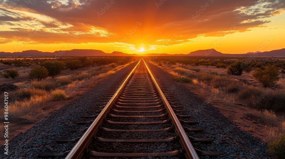 A single set of train tracks disappearing into the distance with a beautiful sunrise. A single set of train tracks disappearing into the distance with a beautiful sunrise.