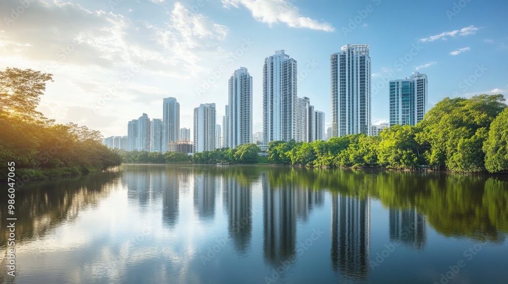 Naklejka premium A cityscape featuring contemporary high-rise buildings beside a river, with the river's surface mirroring the impressive structures and surrounding greenery.