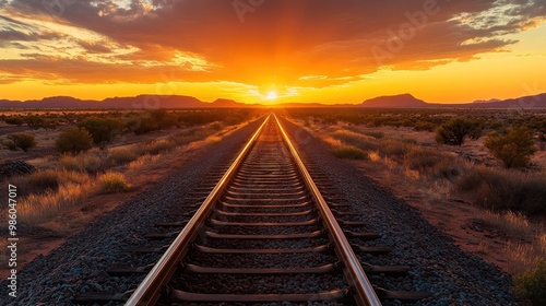 A single set of train tracks disappearing into the distance with a beautiful sunrise.