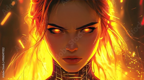 A powerful portrait of a fierce woman with glowing eyes, radiating strength and confidence against a fiery background.