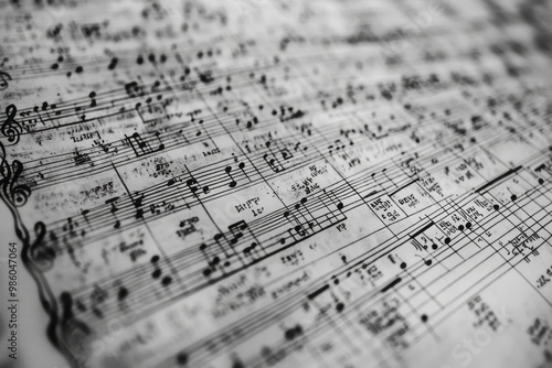 Musical composition, sheet music, dense, maximalistic, notes, symbols photo