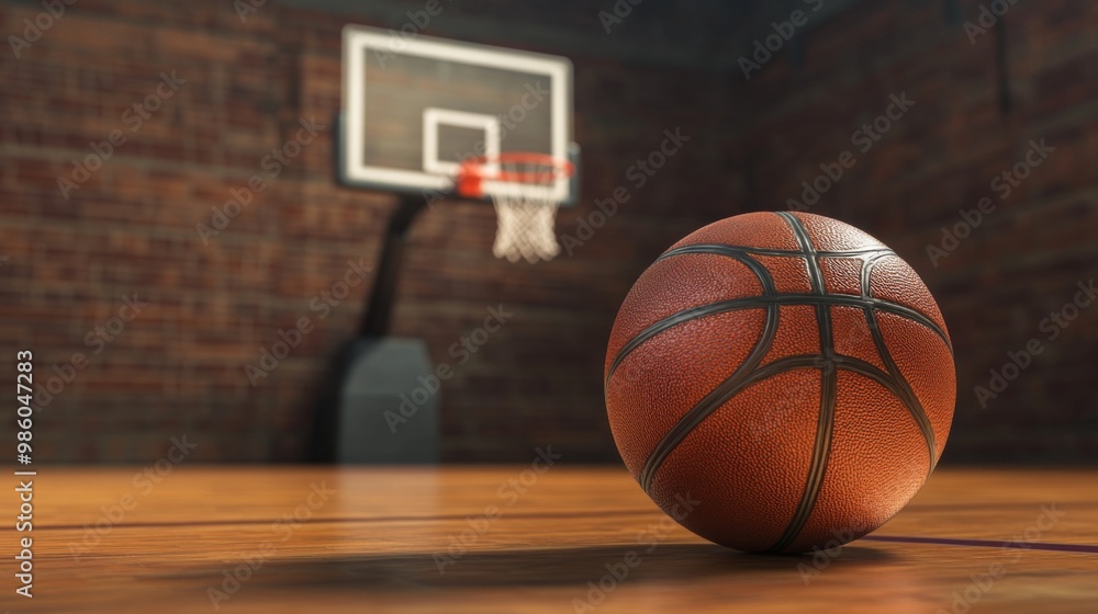 A classic basketball placed on a wooden court floor with a hoop and backboard in the background, emphasizing the texture and detail of the ball. A classic basketball placed on a wooden court floor with a hoop and backboard in the background, emphasizing the texture and detail of the ball.