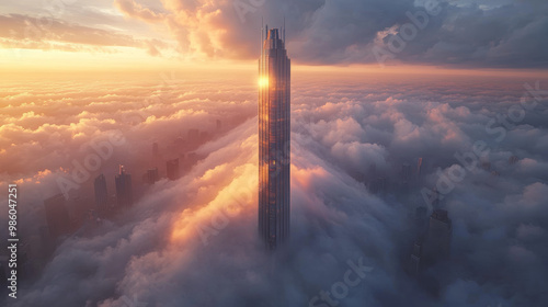 towering metallic skyscraper rises majestically above clouds, illuminated by warm glow of sunset. scene evokes sense of awe and wonder, showcasing beauty of urban architecture against dramatic sky