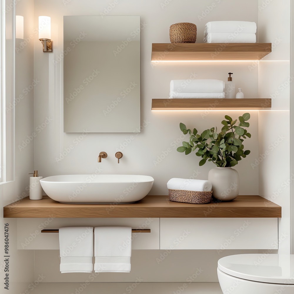 Clean white bathroom with floating shelves and recessed lighting, minimalist bathroom aesthetic, modern warmth Clean white bathroom with floating shelves and recessed lighting, minimalist bathroom aesthetic, modern warmth