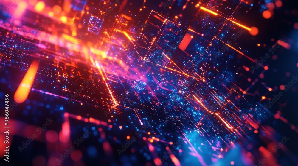 Fototapeta premium Abstract digital landscape with vibrant colors and glowing lines.