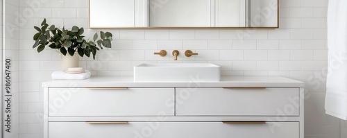 Clean white bathroom with floating vanity and brass accents, minimalist bathroom aesthetic, luxury simplicity