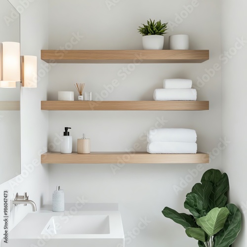 Clean white bathroom with floating shelves and recessed lighting, minimalist bathroom aesthetic, modern warmth