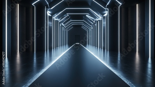 A futuristic corridor illuminated by neon lights, creating a dramatic and sleek atmosphere.