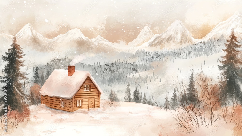 Hand-Drawn Illustration of a Cozy Winter Cabin in the Mountains, Pastel Tones, AI generated illustration