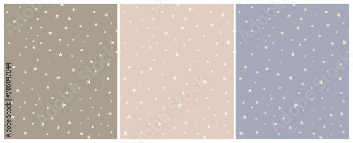 Tiny Stars Seamless Vector Patterns.Irregular Hand Drawn Simple Starry Print for Fabric,Textile,Wrapping Paper. Infantile Style Galaxy Design.Little Stars Isolated on a Green, Blue and Light Pink.