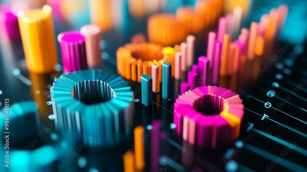 A close-up of a 3D graph with colorful, popping segments, representing different sectors of business performance and financial growth A close-up of a 3D graph with colorful, popping segments, representing different sectors of business performance and financial growth