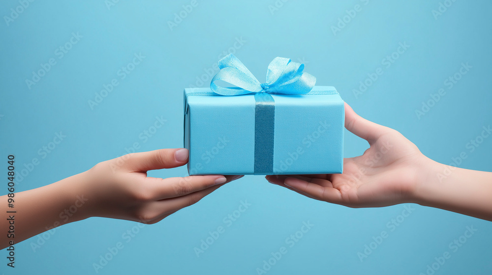 Two hands exchanging a large blue gift box against a plain background, capturing the spirit of giving and sharing during any celebration Two hands exchanging a large blue gift box against a plain background, capturing the spirit of giving and sharing during any celebration