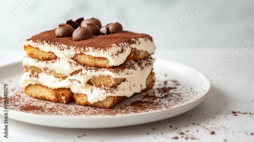 A classic Italian Tiramisu dessert with layers of coffee-soaked ladyfingers and mascarpone cream, beautifully presented on a white plate with a clean background.