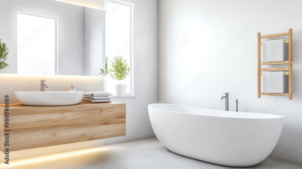 Clean white bathroom with wood accents and soft lighting, minimalist bathroom aesthetic, modern warmth Clean white bathroom with wood accents and soft lighting, minimalist bathroom aesthetic, modern warmth