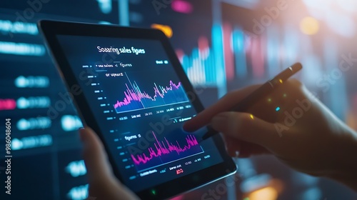 A person's hand using a stylus on a tablet to analyze data displayed in a chart. photo