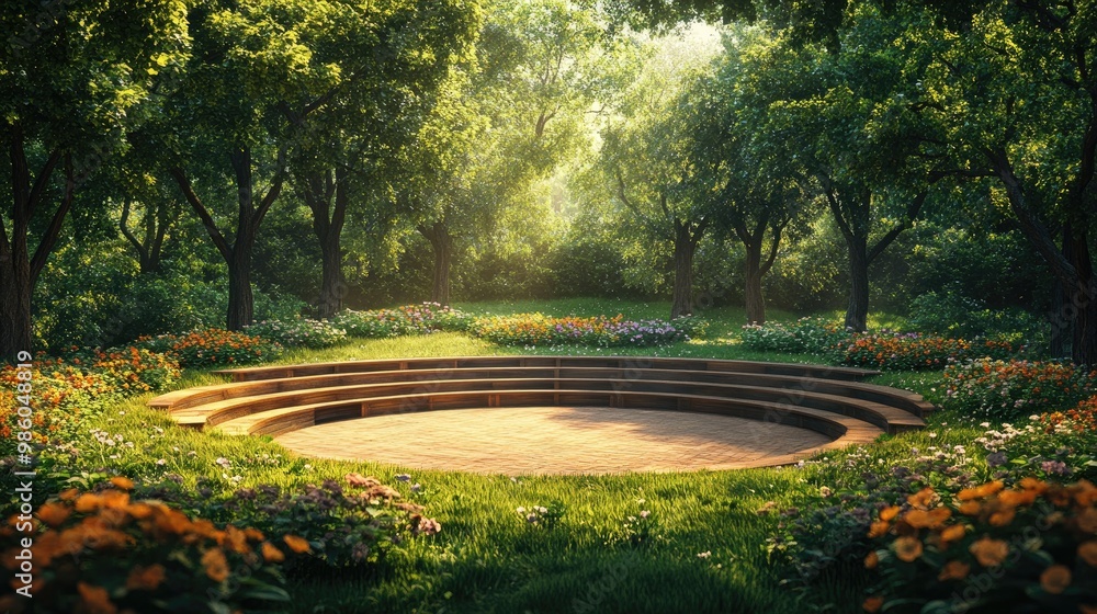 A tranquil scene of an amphitheatre surrounded by a lush garden, with the seating made of natural wood and the stage set amidst blooming flowers. The sun is shining, and the overall mood is peaceful A tranquil scene of an amphitheatre surrounded by a lush garden, with the seating made of natural wood and the stage set amidst blooming flowers. The sun is shining, and the overall mood is peaceful