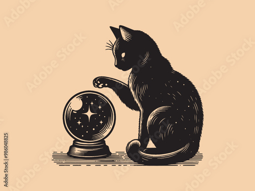 Black cat and magic crystal ball. Beautiful vintage engraving vector illustration. Black outline	