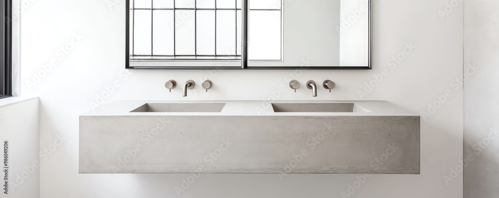 Concrete vanity with brushed steel fixtures in a minimalist bathroom, minimalist bathroom aesthetic, urban simplicity Concrete vanity with brushed steel fixtures in a minimalist bathroom, minimalist bathroom aesthetic, urban simplicity