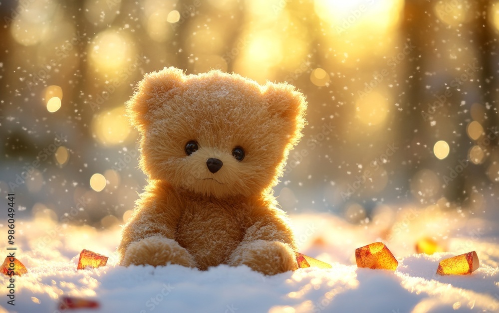A cute teddy bear sitting in the snow with a golden sunset and soft bokeh lights in the background. A cute teddy bear sitting in the snow with a golden sunset and soft bokeh lights in the background.