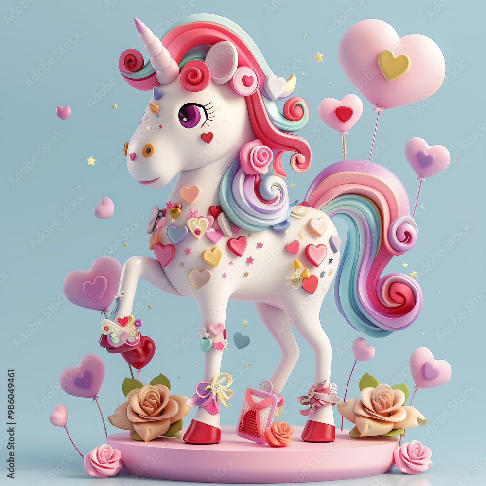 Obraz premium 3D Colorful Unicorn with Hearts and Gifts
