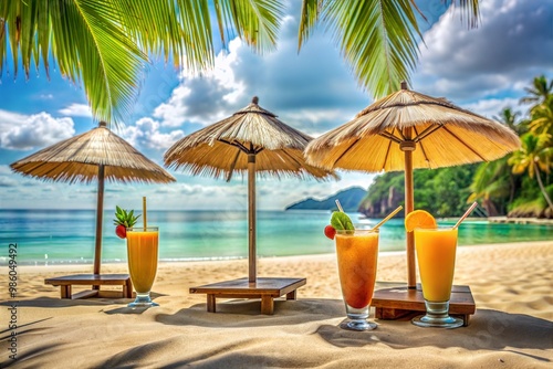 Cocktails under beach umbrellas on tropical beach with turquoise water