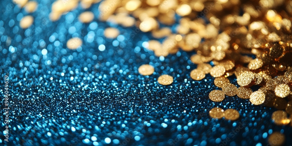 Sparkling golden confetti scattered on a blue glittery background, creating a festive and glamorous effect. Sparkling golden confetti scattered on a blue glittery background, creating a festive and glamorous effect.