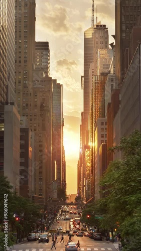 A cinematic vertical evening establishing shot over 42nd Street in New York City during a 