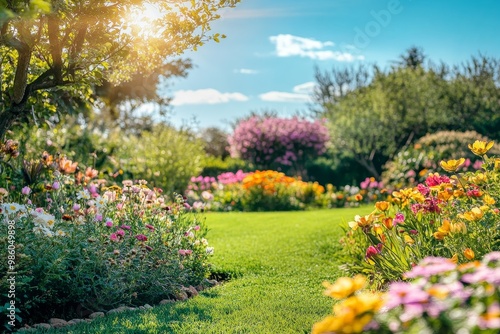 A beautiful spring garden with colorful flowers and lush greenery, perfect for springtime promotions and seasonal marketing