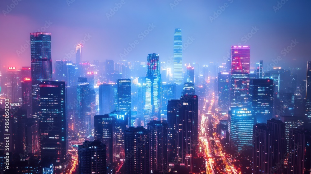 Obraz premium A neon cityscape at night with many skyscrapers and tall buildings.