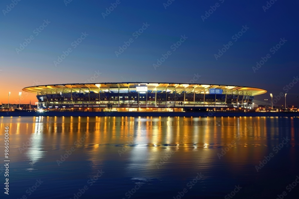 Fototapeta premium Energy Efficient Stadium at Night with LED Lights Showcasing Eco-Friendly Design