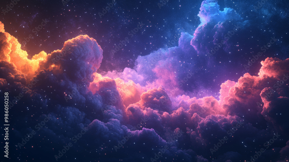 Fototapeta premium stunning display of brightly colored clouds drifts through starry night sky, creating mesmerizing cosmic scene filled with vibrant hues and ethereal beauty