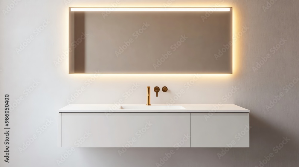 Floating vanity with integrated brass faucet and recessed lighting, minimalist bathroom aesthetic, modern luxury elegance Floating vanity with integrated brass faucet and recessed lighting, minimalist bathroom aesthetic, modern luxury elegance