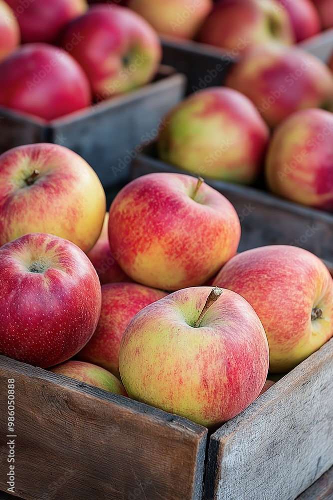 Wooden crates brimming with red apples hinting at a bountiful harvest, showcasing the fresh agricultural bounty. Wooden crates brimming with red apples hinting at a bountiful harvest, showcasing the fresh agricultural bounty.