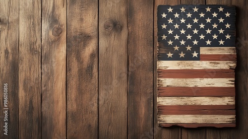 A vintage American flag displayed on rustic wooden planks, creating a patriotic and nostalgic atmosphere. photo