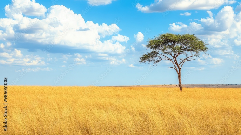 Endless golden grass of the savannah with a lone acacia tree standing tall under the midday sun, symbolizing solitude in the wild. Endless golden grass of the savannah with a lone acacia tree standing tall under the midday sun, symbolizing solitude in the wild.