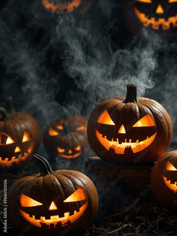 Spooky Jack-o'-lantern with luminous eyes in smoke. Spooky Jack-o'-lantern with luminous eyes in smoke.