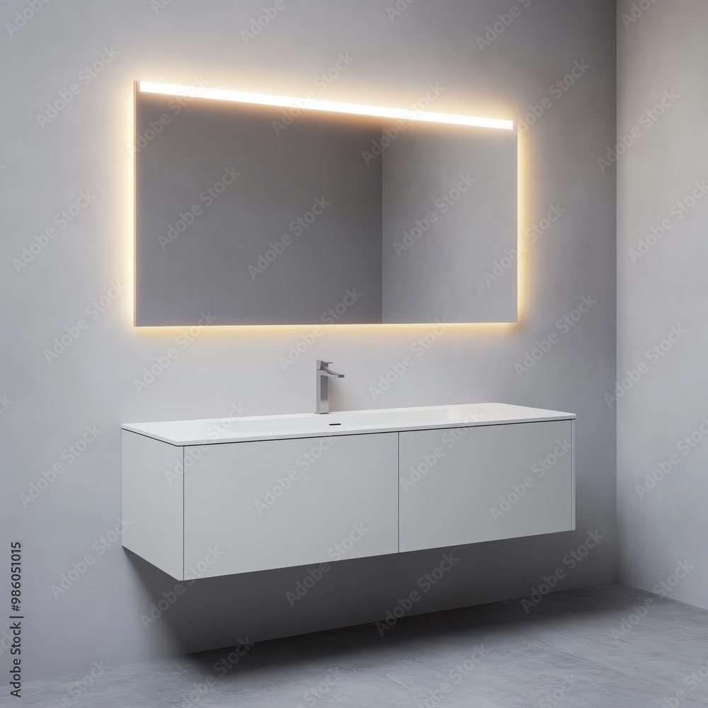 Floating vanity with integrated faucet and recessed lighting, minimalist bathroom aesthetic, sleek modern style Floating vanity with integrated faucet and recessed lighting, minimalist bathroom aesthetic, sleek modern style